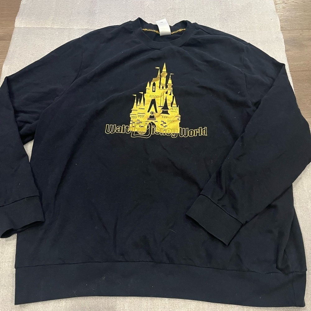 [3XL]Disney Walter Disney World Black Crewneck Sweater with Gold Castle Design
